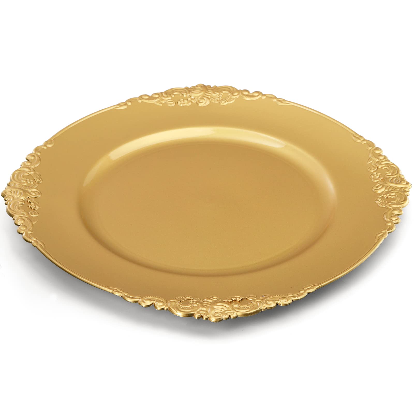 Okllen gold charger plates appear ready for a sophisticated dining table setup.