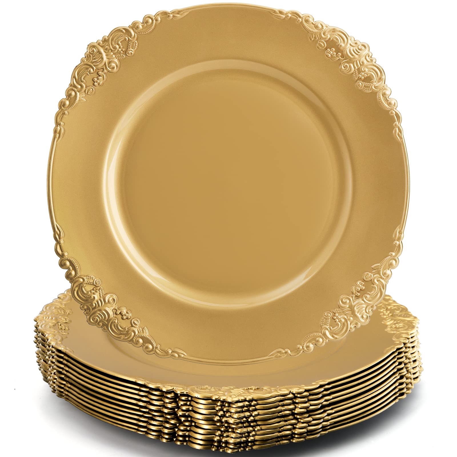 Okllen gold charger plates with embossed rim enhance upscale dining presentation.