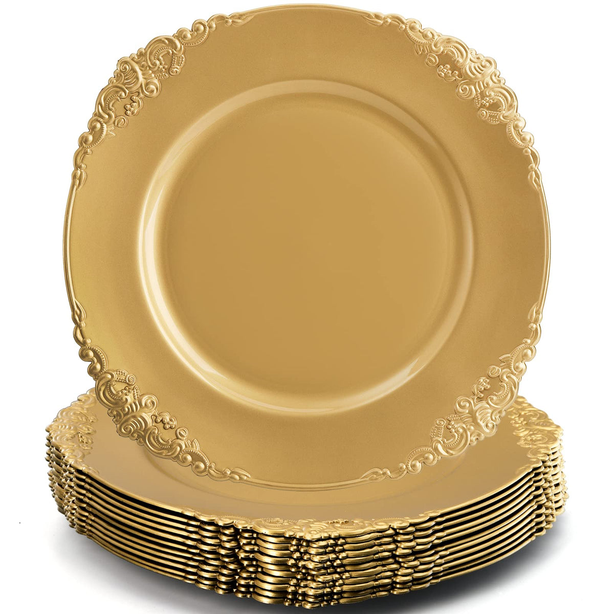 Okllen gold charger plates with embossed rim enhance upscale dining presentation.