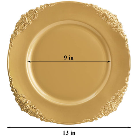 Okllen gold charger plates - embossed rim set on a formal table.
