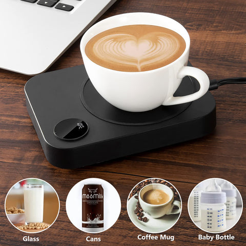 Okutani coffee mug warmer auto shut-off display emphasizing safety feature