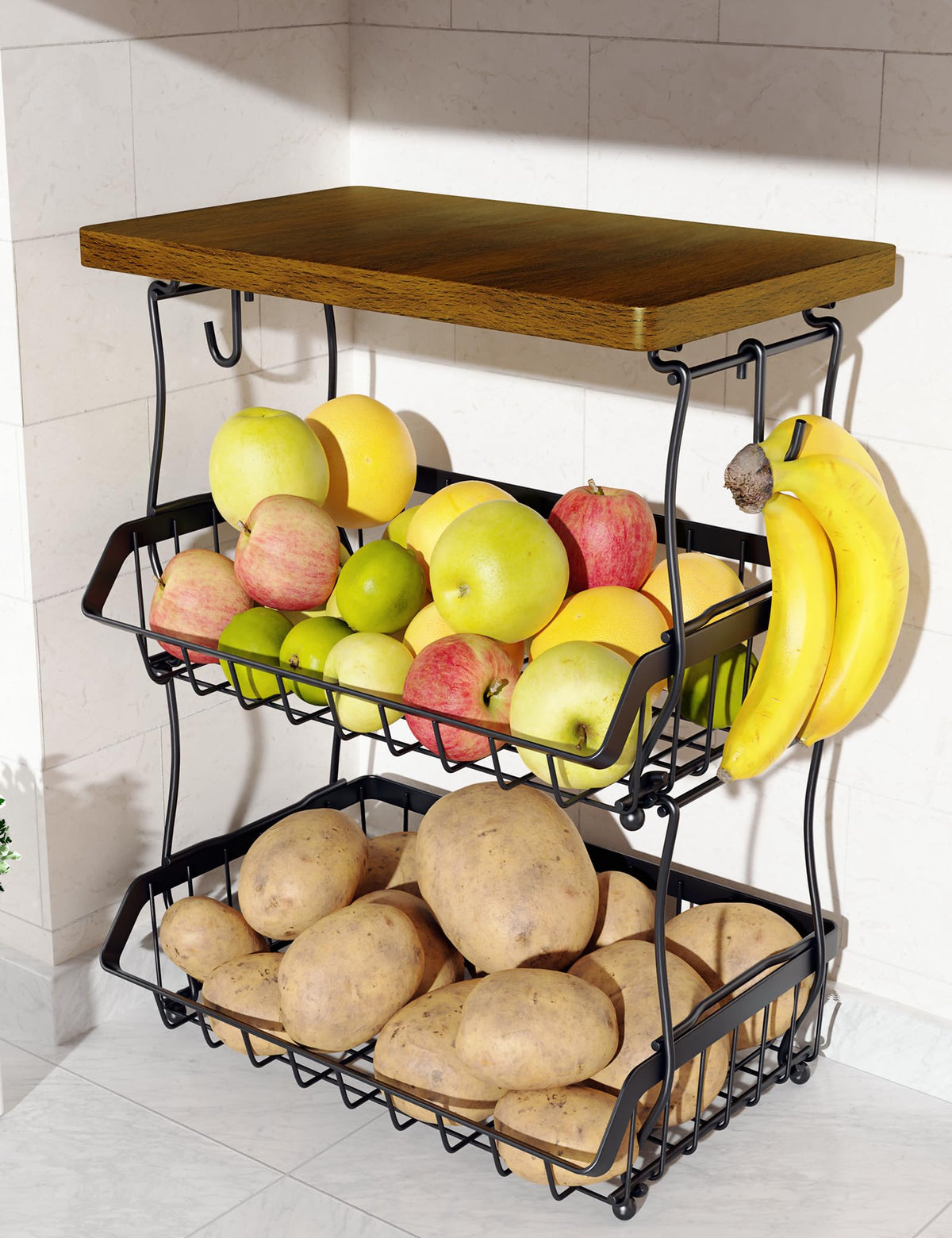 OKZEST 3-tier fruit basket with wood top, front view, easy fruit access