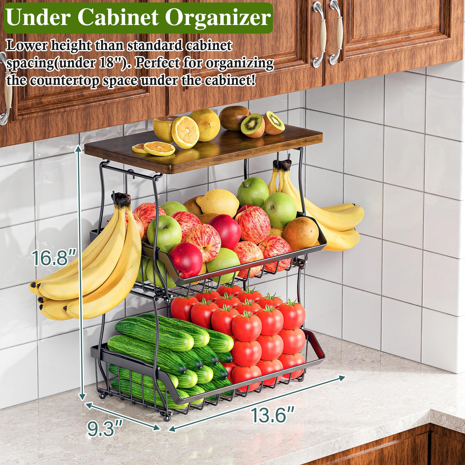 OKZEST 3-tier fruit basket with wood top, side view, sturdy counter storage