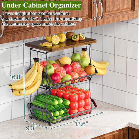 OKZEST 3-tier fruit basket with wood top, side view, sturdy counter storage
