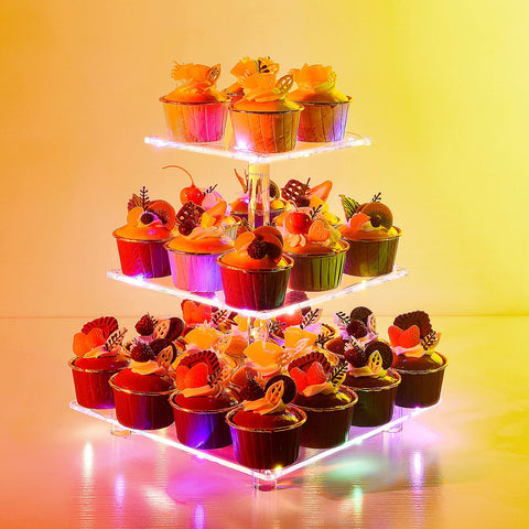 OLACHIKKO dessert tower holding 24 cupcakes with warm LED lights for festive display