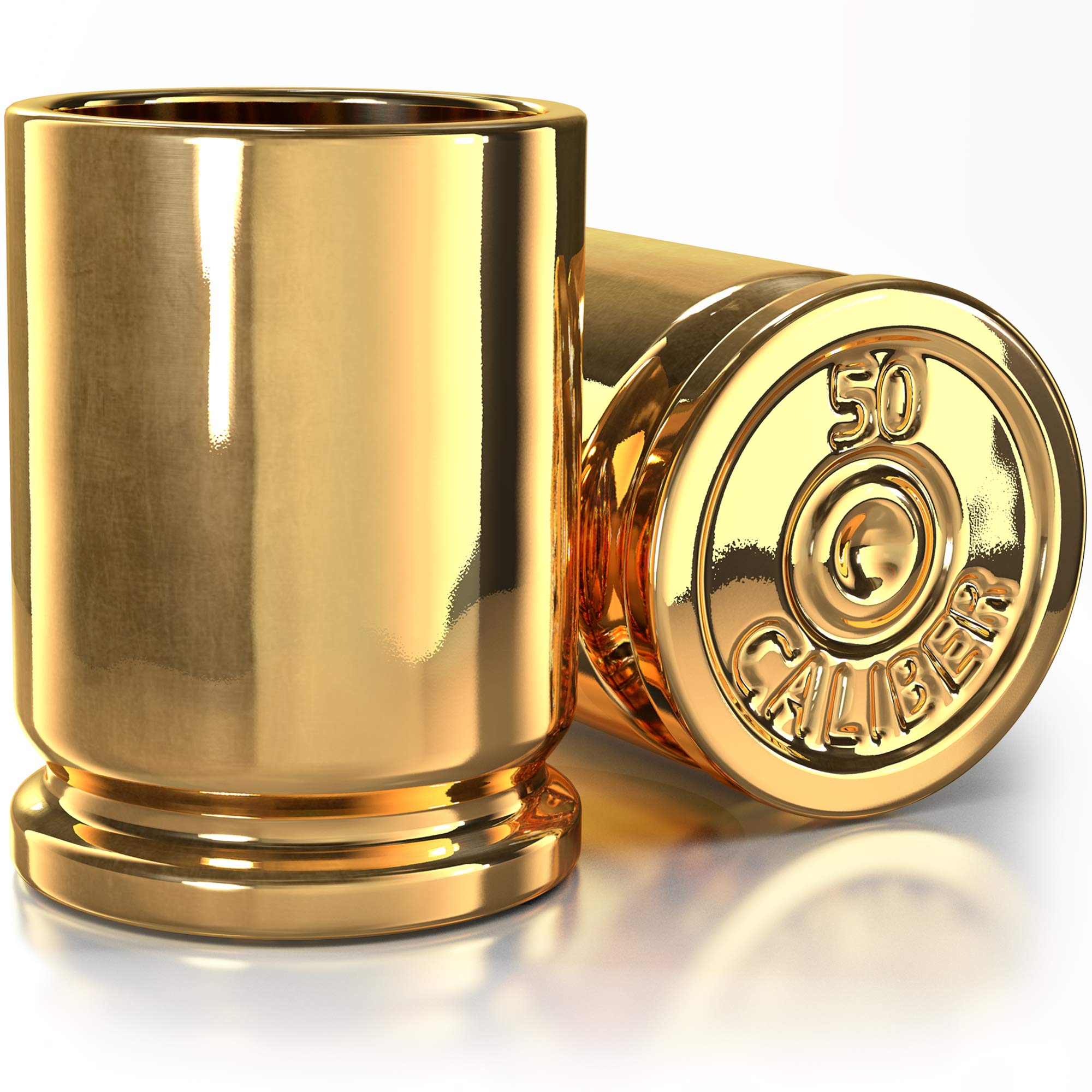 Old Southern Brass 50 Caliber Shot Glasses set of 2 in ceramic with gold finish for celebrations