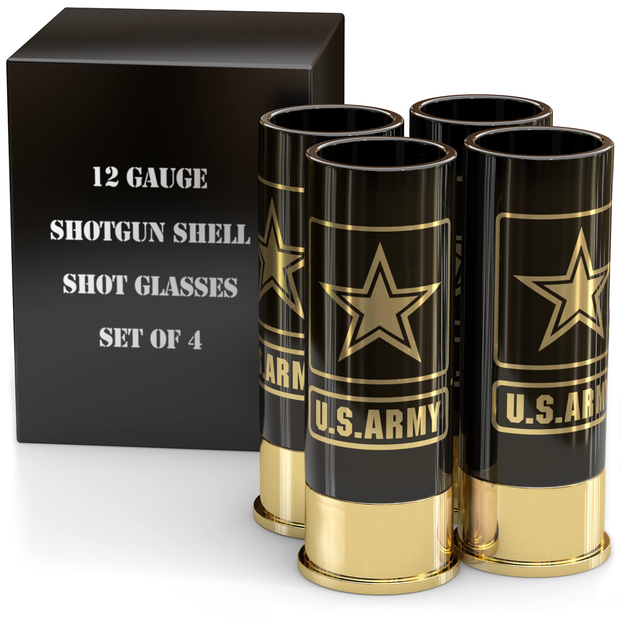 Old Southern Brass U.S. Army shot glasses, back view, durable, break-resistant for home bars.
