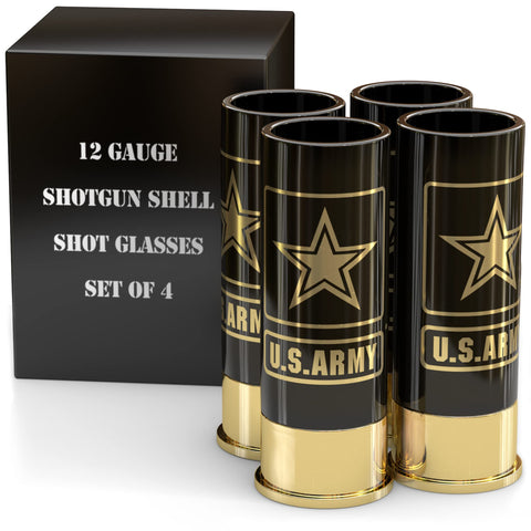 Old Southern Brass U.S. Army shot glasses, back view, durable, break-resistant for home bars.