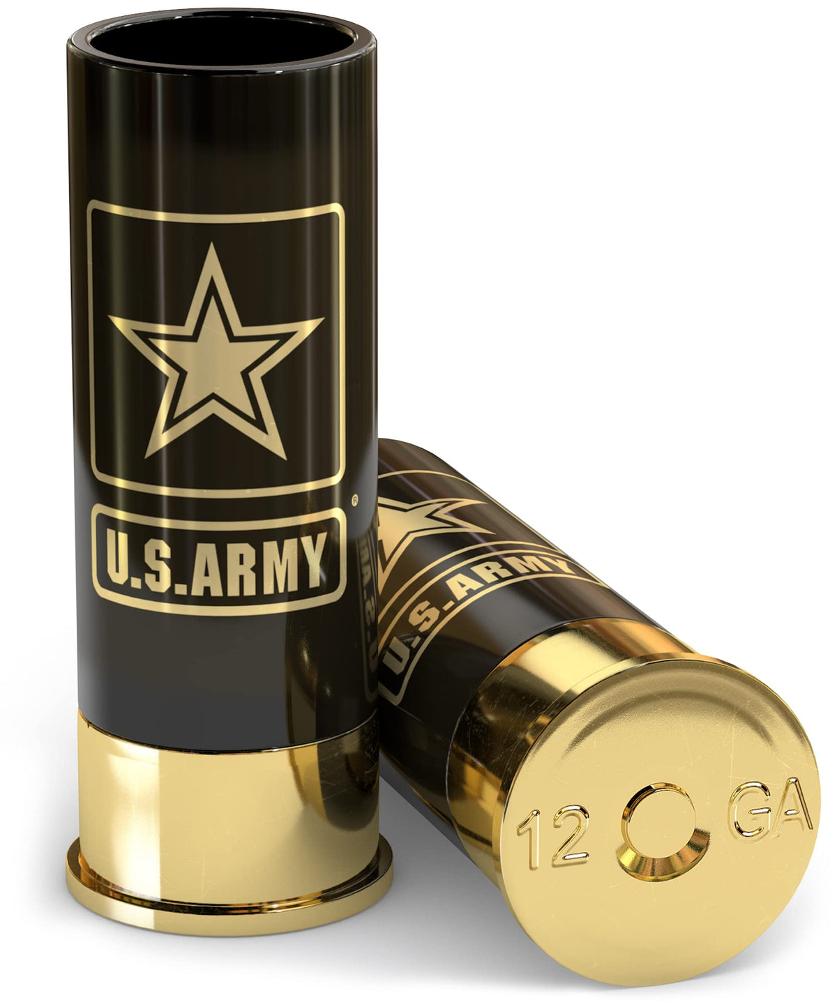 Old Southern Brass U.S. Army shot glasses, front view with official insignia, ideal for veteran gifts.