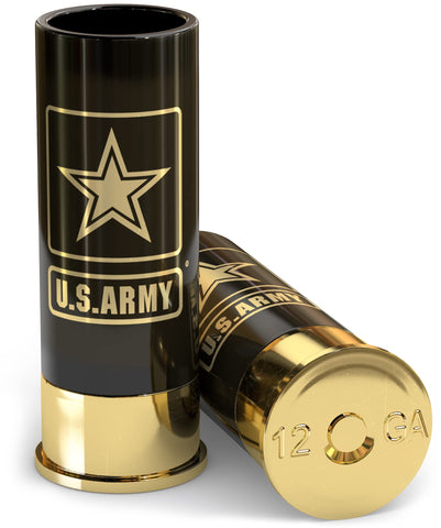 Old Southern Brass U.S. Army shot glasses, front view with official insignia, ideal for veteran gifts.