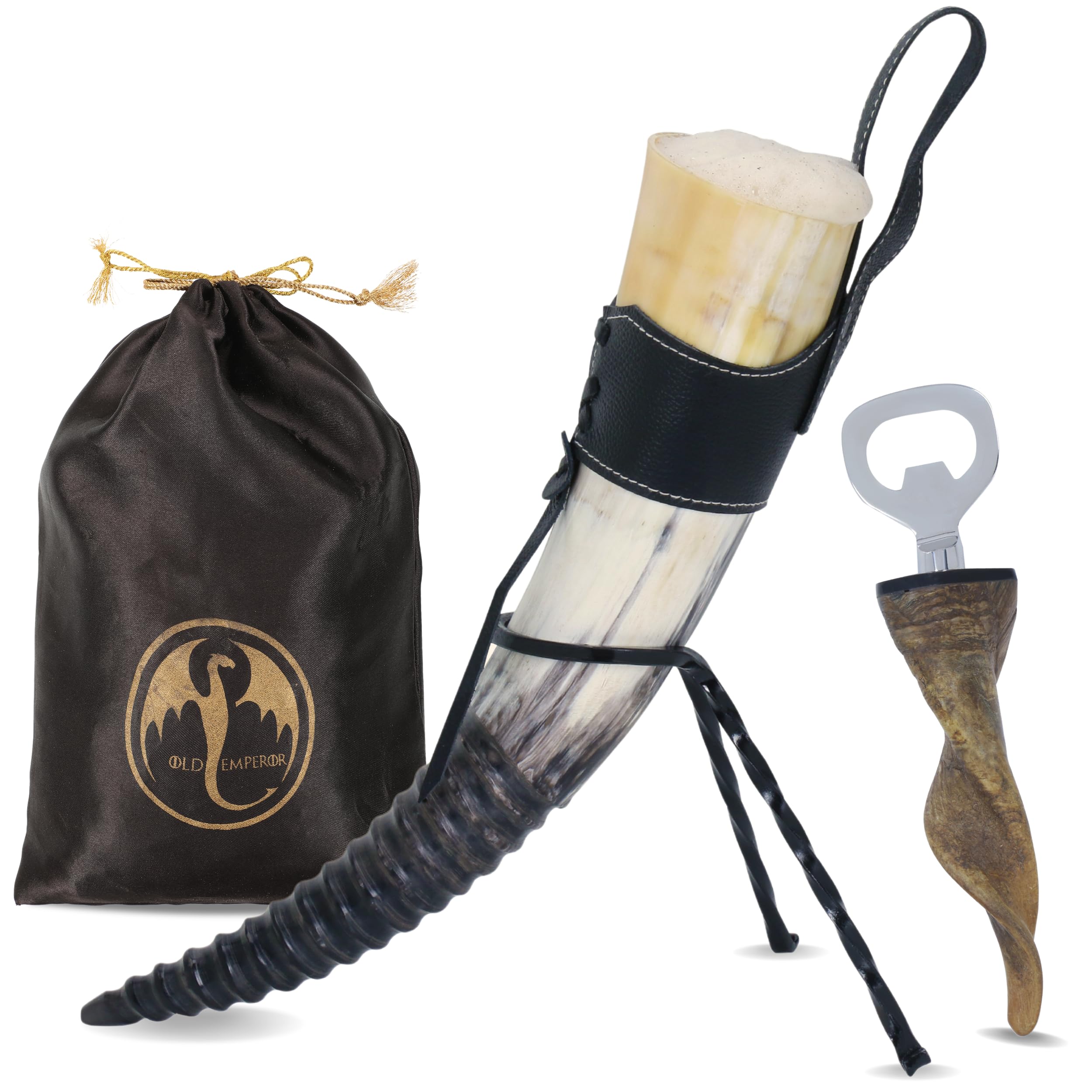OLDEMPEROR Viking drinking horn with leather holster for authentic Norse gatherings.