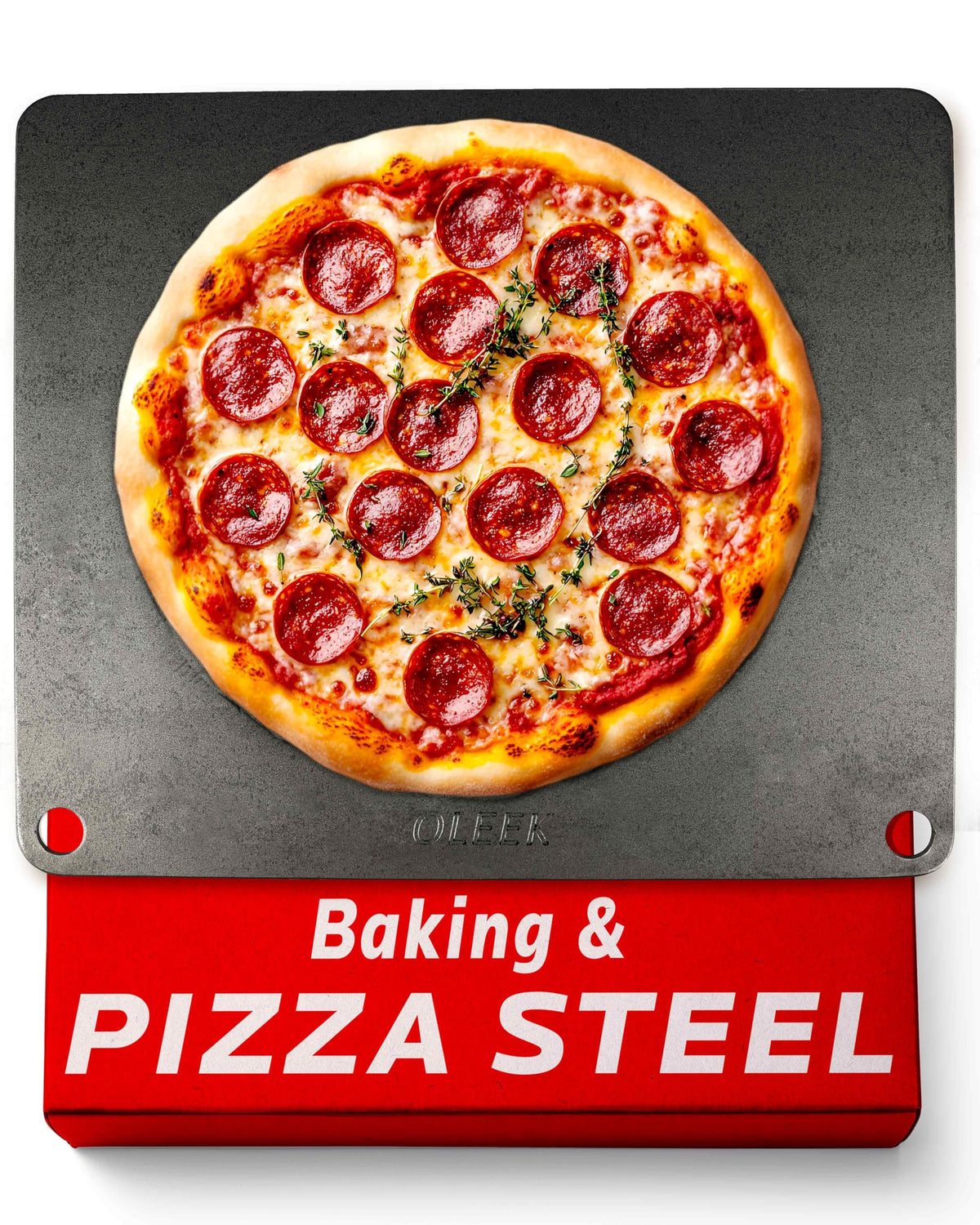 OLEEK pizza steel 16x13.4 inches delivers even heat for large pizzas.