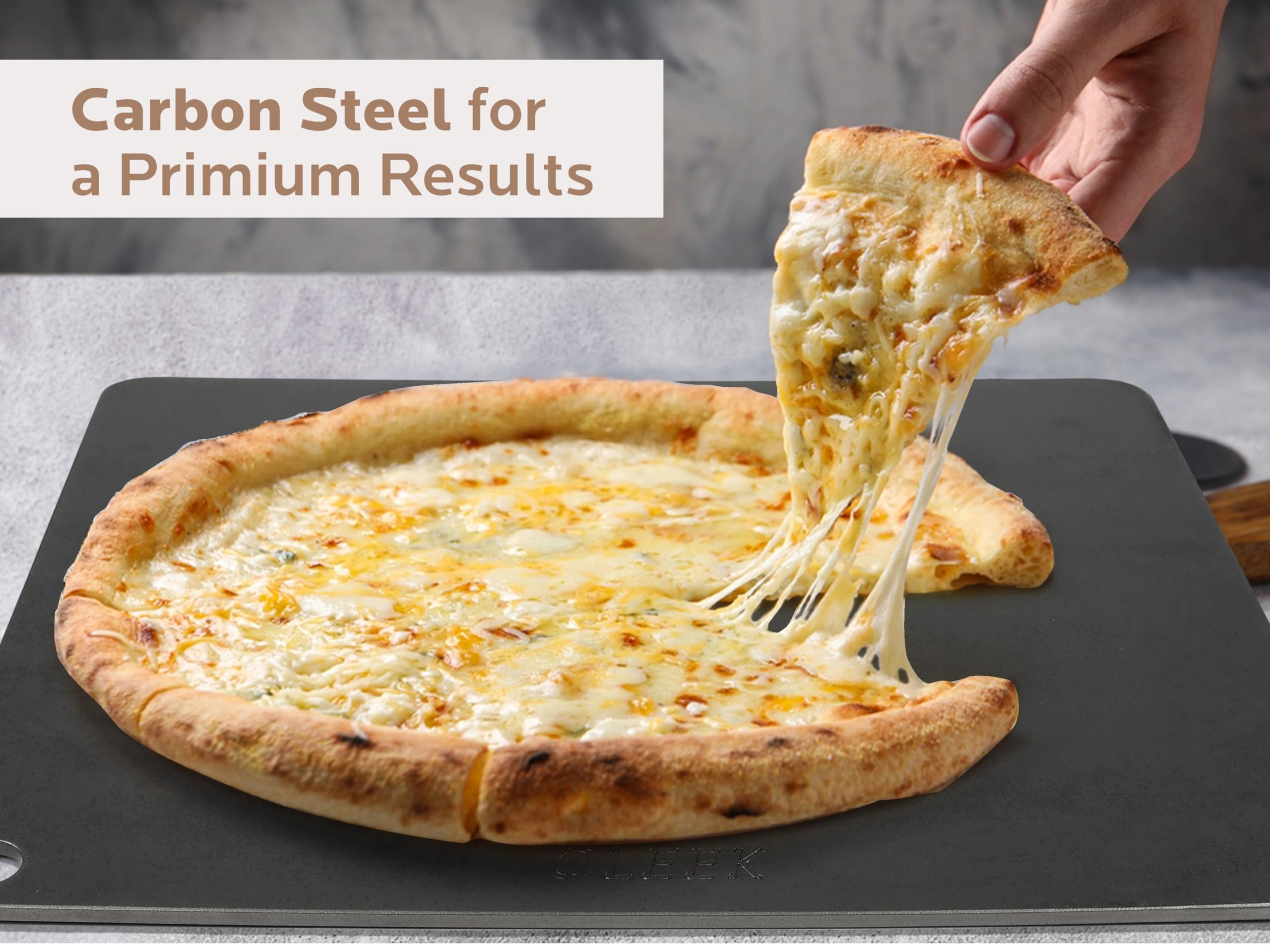 OLEEK pizza steel accommodates large pizzas for family meals.