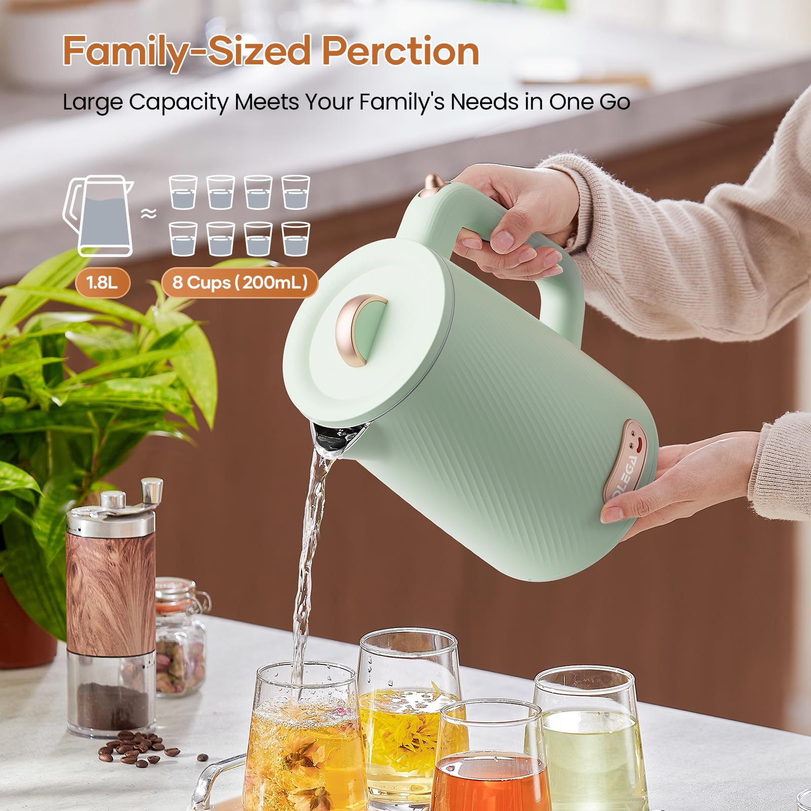 OLEGA 1.8L capacity ideal for families and shared beverages.