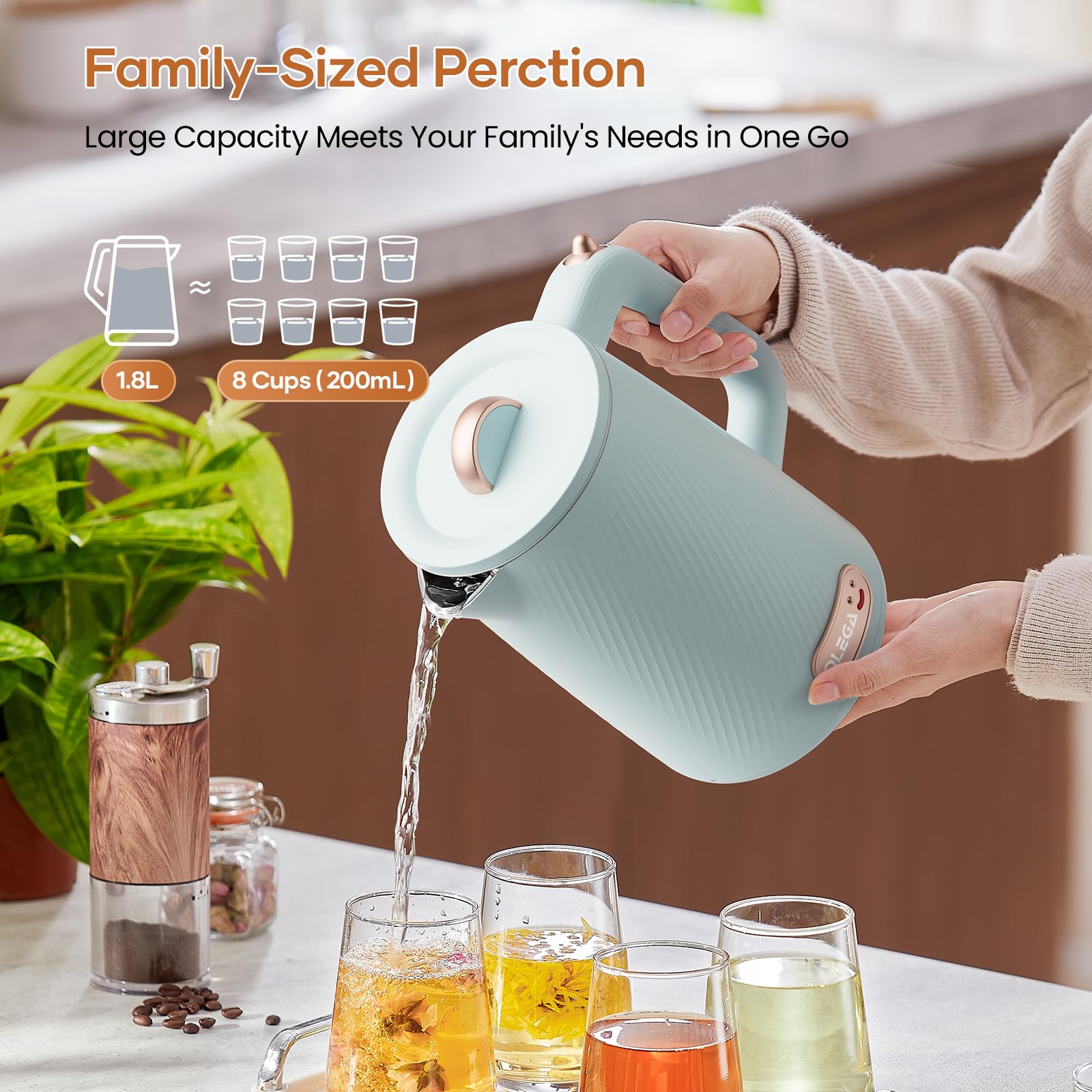 OLEGA auto shut-off and boil-dry protection for safer kettling.