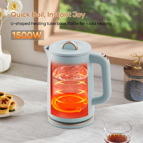 OLEGA kettle with cool-touch outer shell preventing burns while pouring.