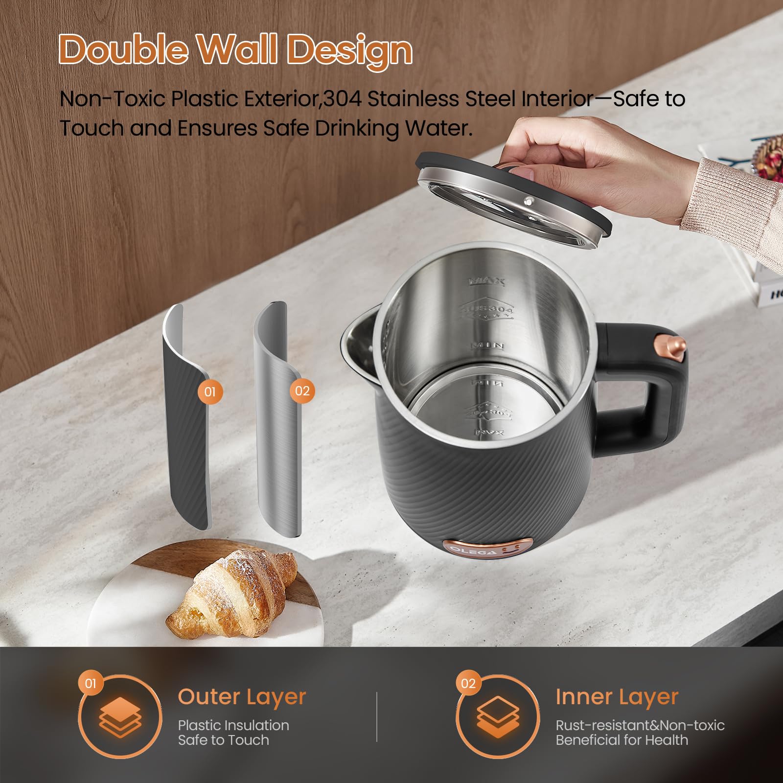 OLEGA detachable lid facilitates easy cleaning and refilling