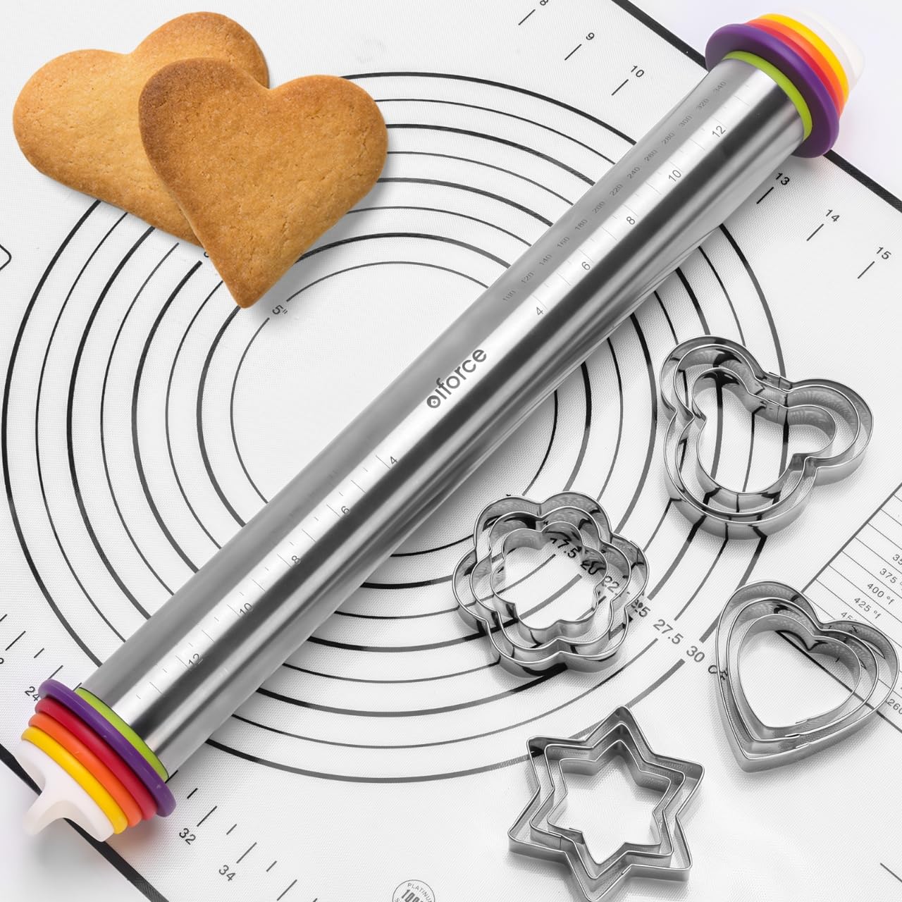 Olforce stainless steel rolling pin for even dough thickness across pizzas, pies, and pastries.