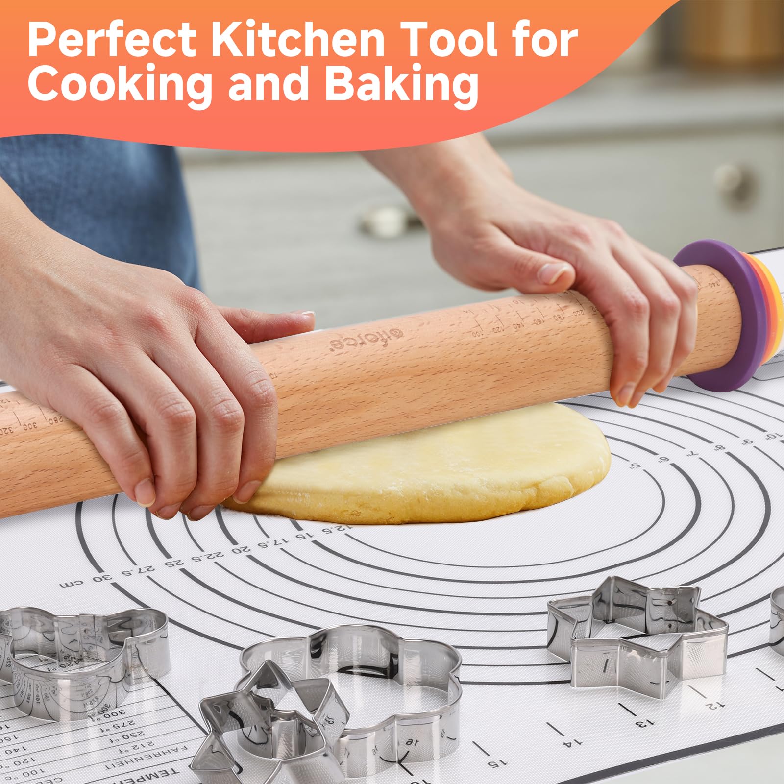 Olforce rolling-pin rings close-up shows adjustable thickness for precise dough