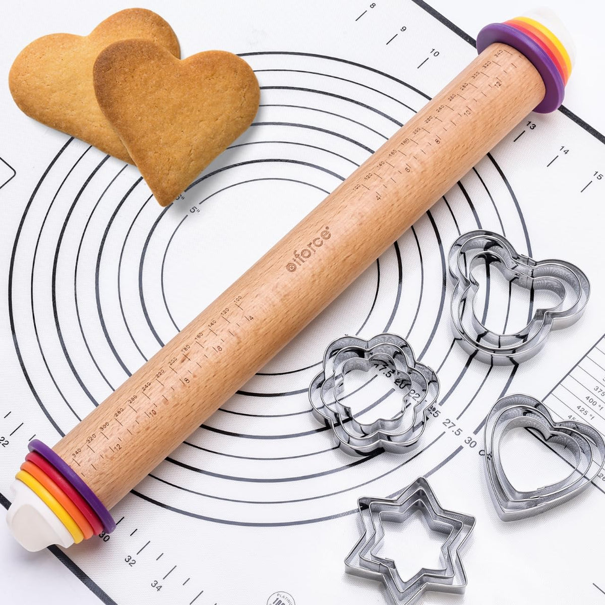 Olforce wooden rolling pin with rings and mat for even dough thickness and versatile baking
