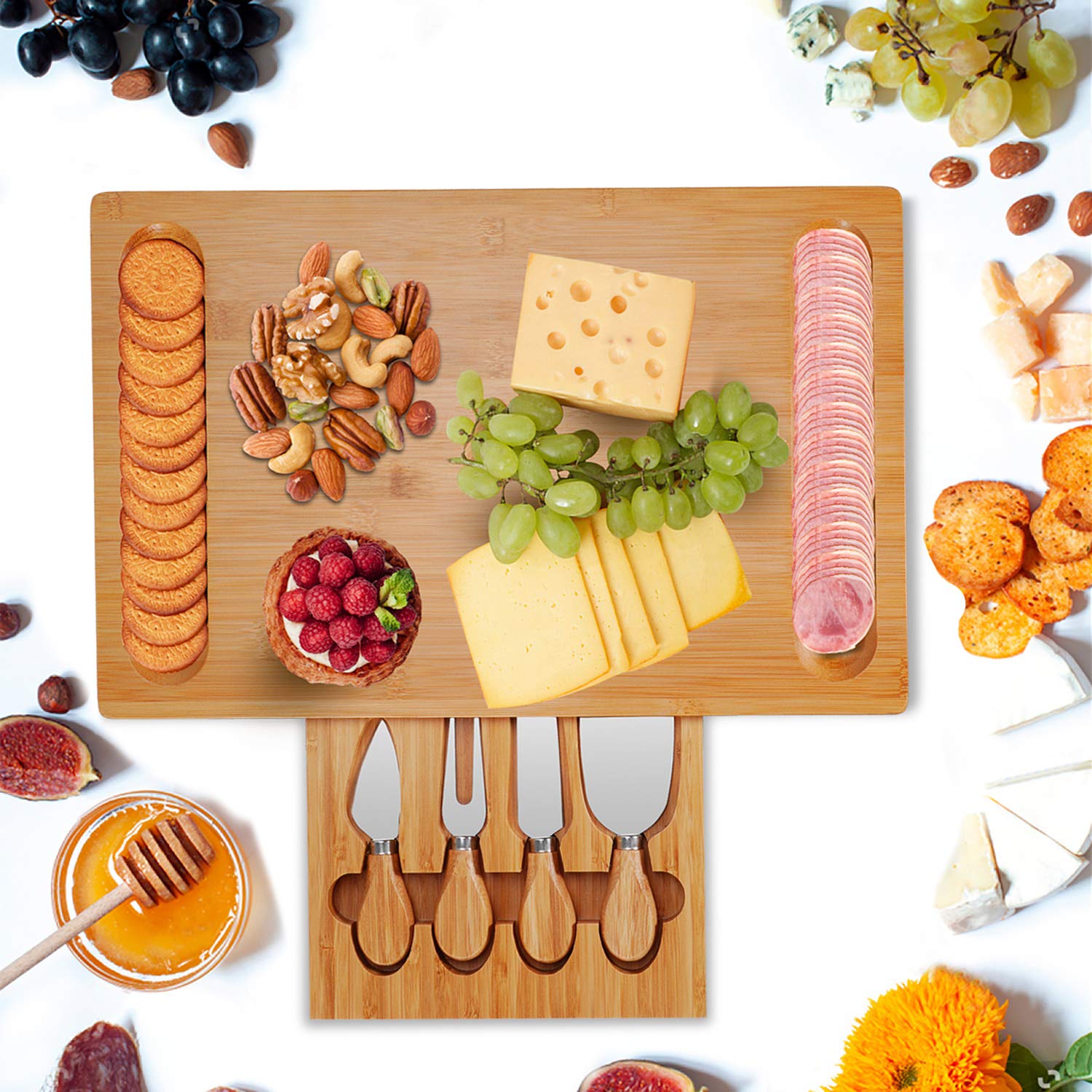 Olebes bamboo cheese board grooves for crackers and nuts