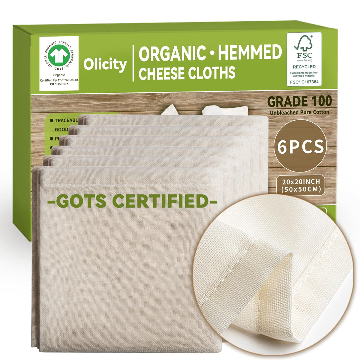 Olicity GOTS-certified cheese cloth in 6-pack for daily straining and cooking.
