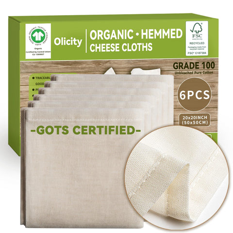 Olicity GOTS-certified cheese cloth in 6-pack for daily straining and cooking.
