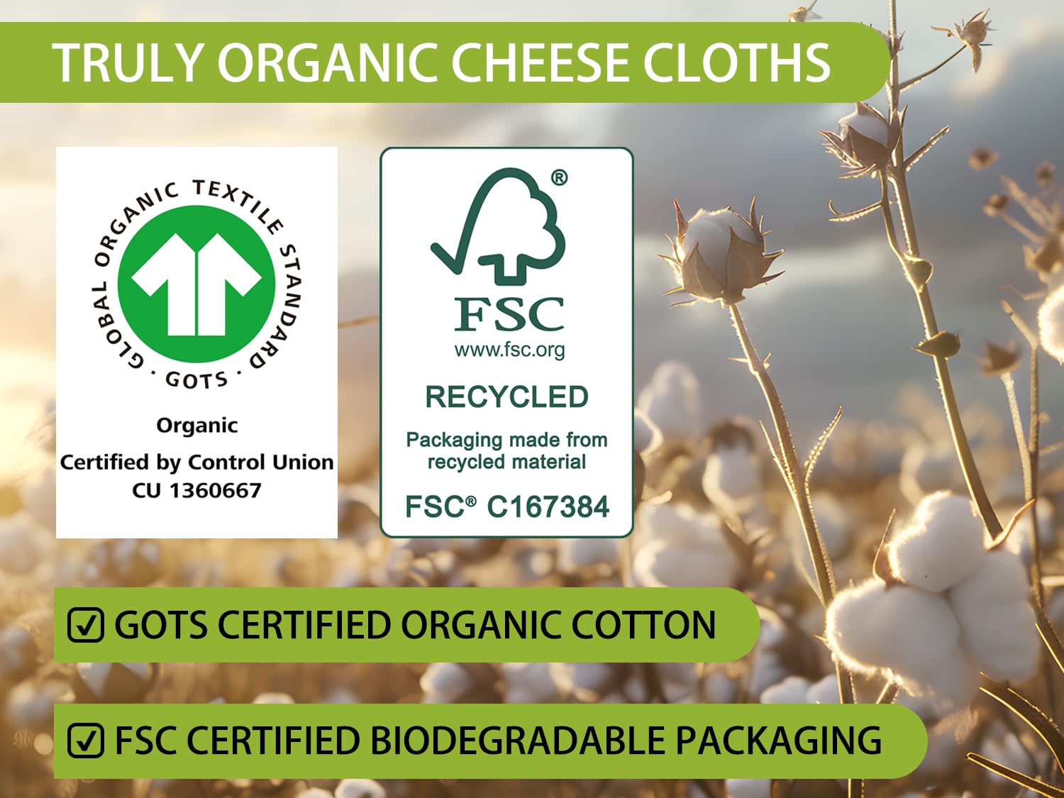 Olicity hemmed cheese cloth 20x20 inches prevents lint in foods.