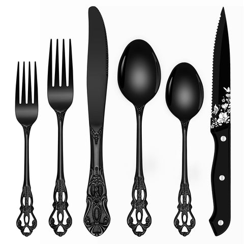 Ollex black royal silverware set, full 8-person view, perfect for elegant daily dining.
