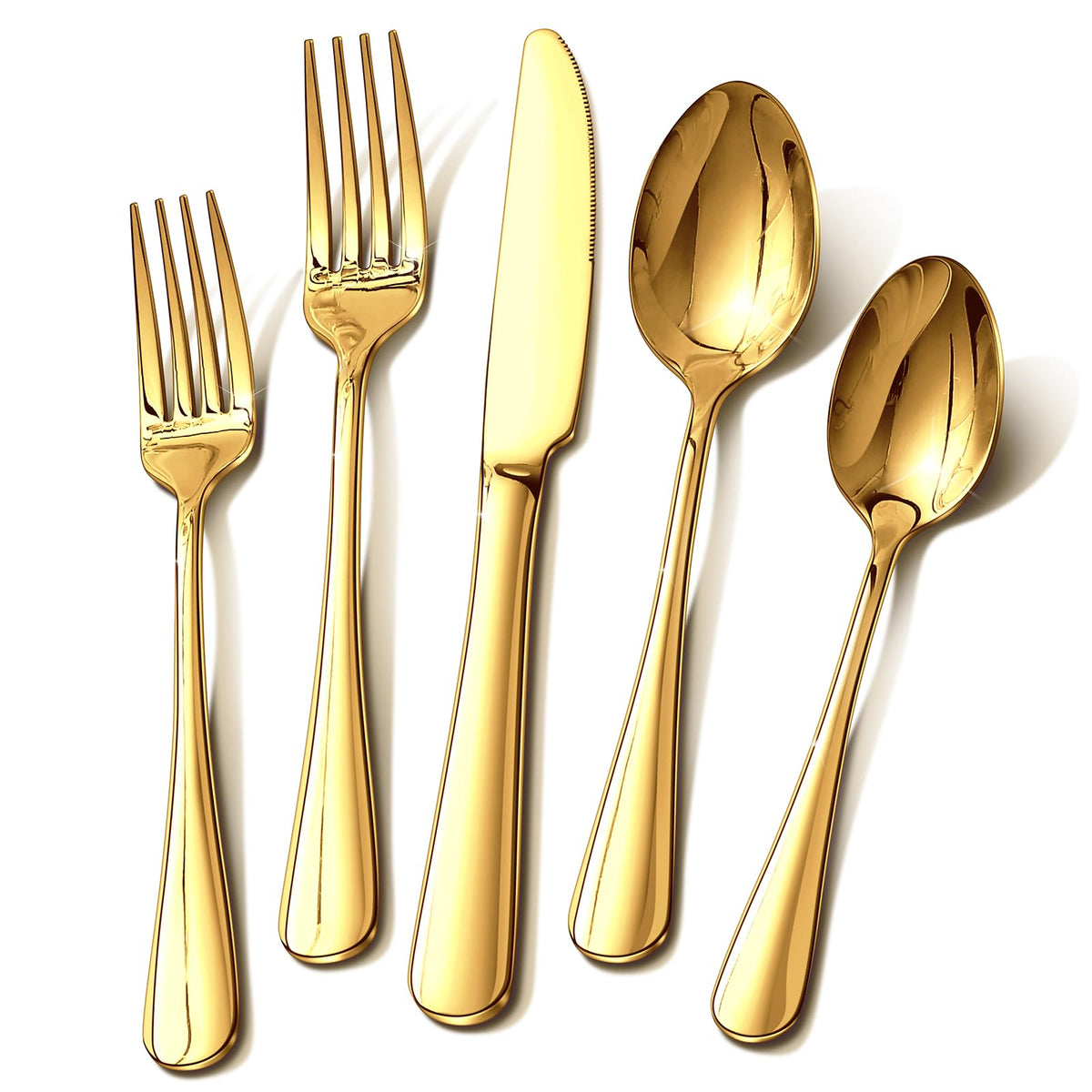 Ollex gold silverware set for six with a mirror-polished finish for elegant dining.