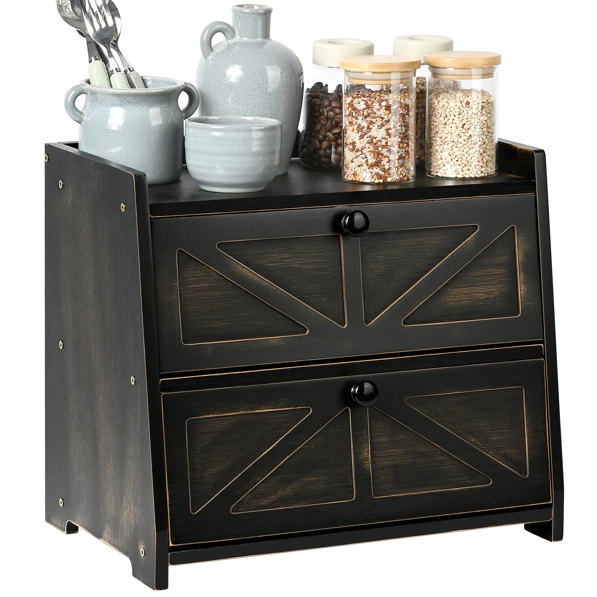 Ollieroo bamboo bread box front view with two-door storage for organized bread.