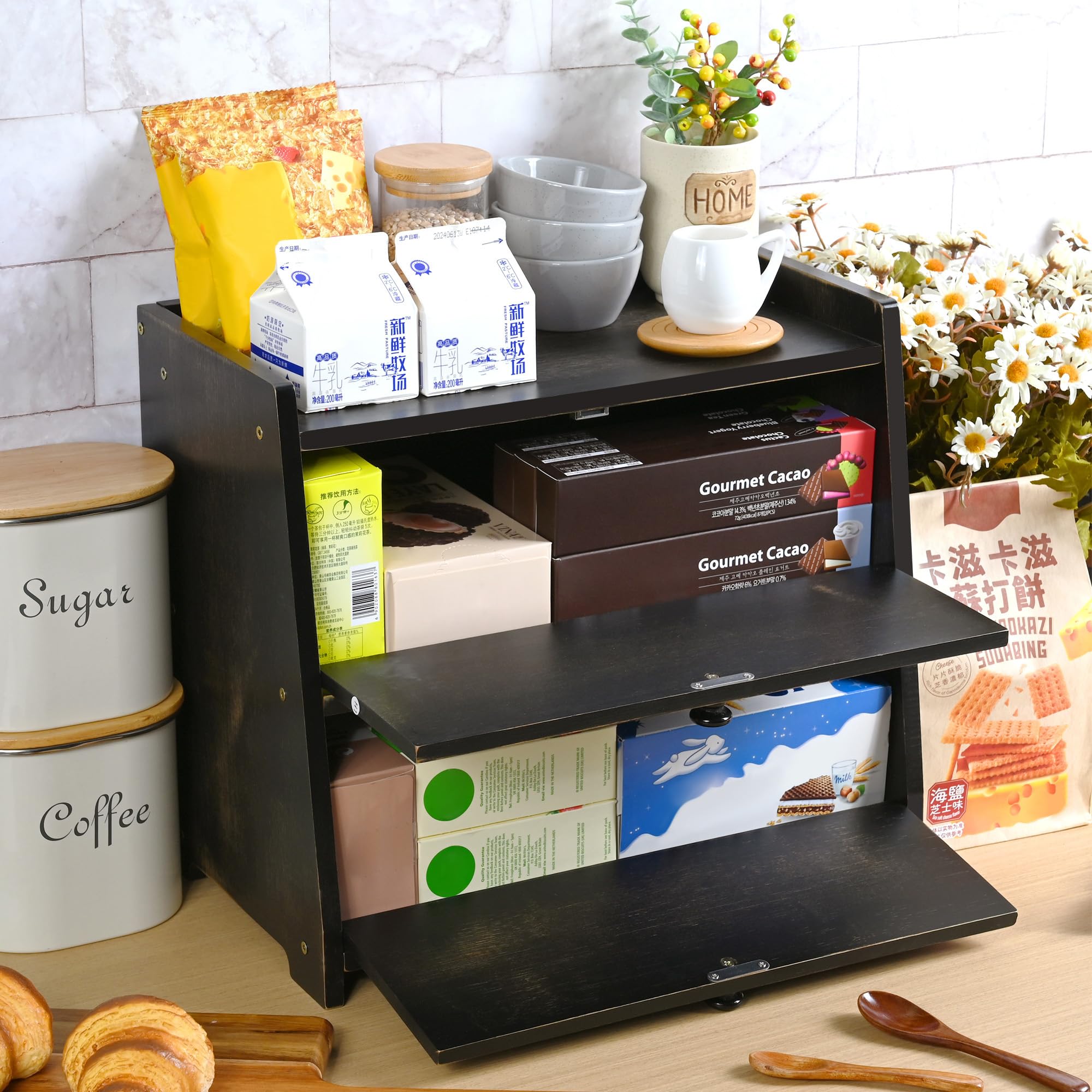 Ollieroo kitchen-counter-use demonstrates multipurpose storage with bread nearby.