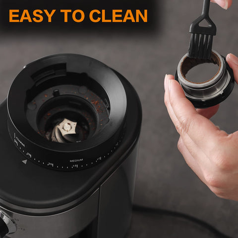 Ollygrin Burr Coffee Grinder lift-off burr and cleaning brush for maintenance