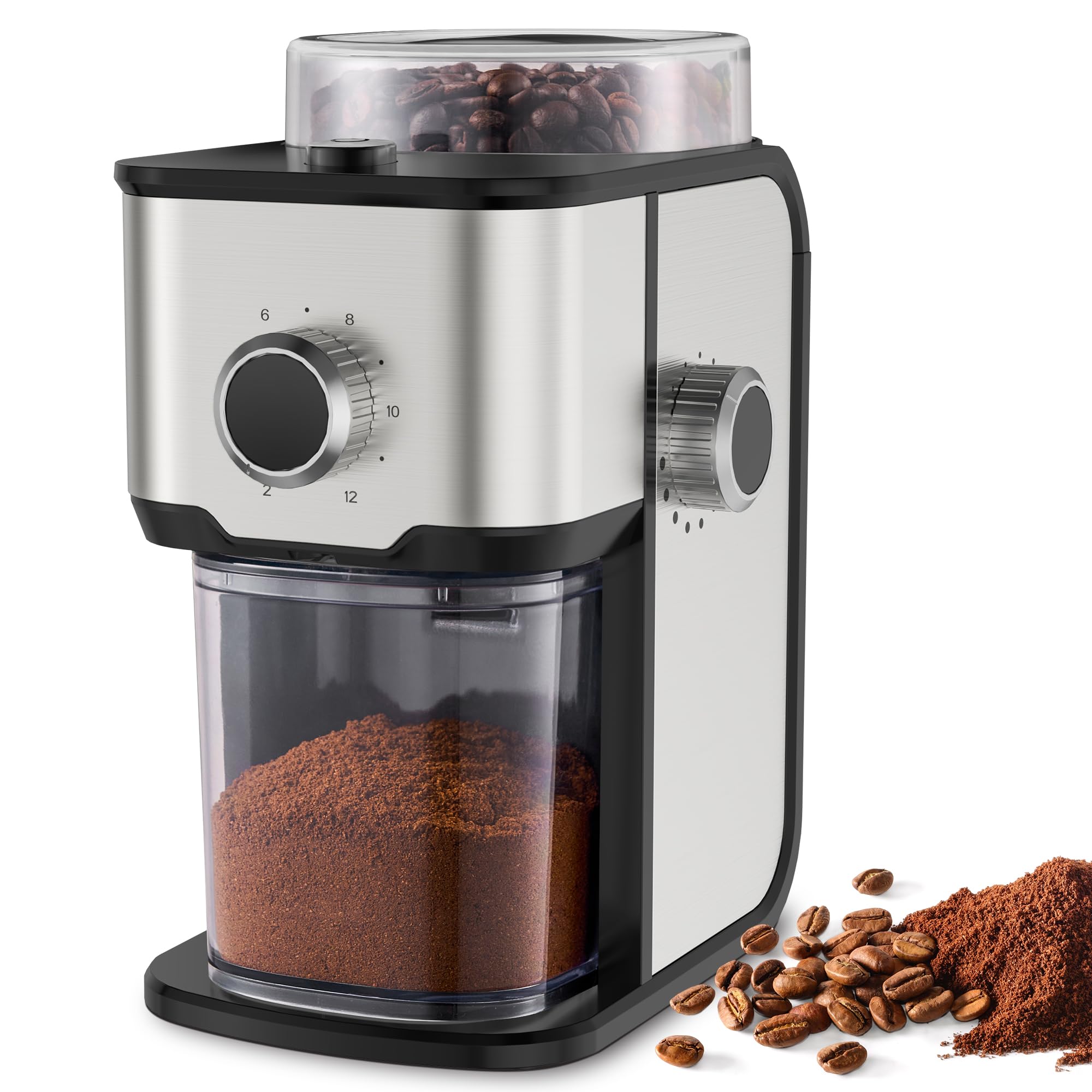 Ollygrin coffee grinder front view showing compact stainless steel design for kitchen use.