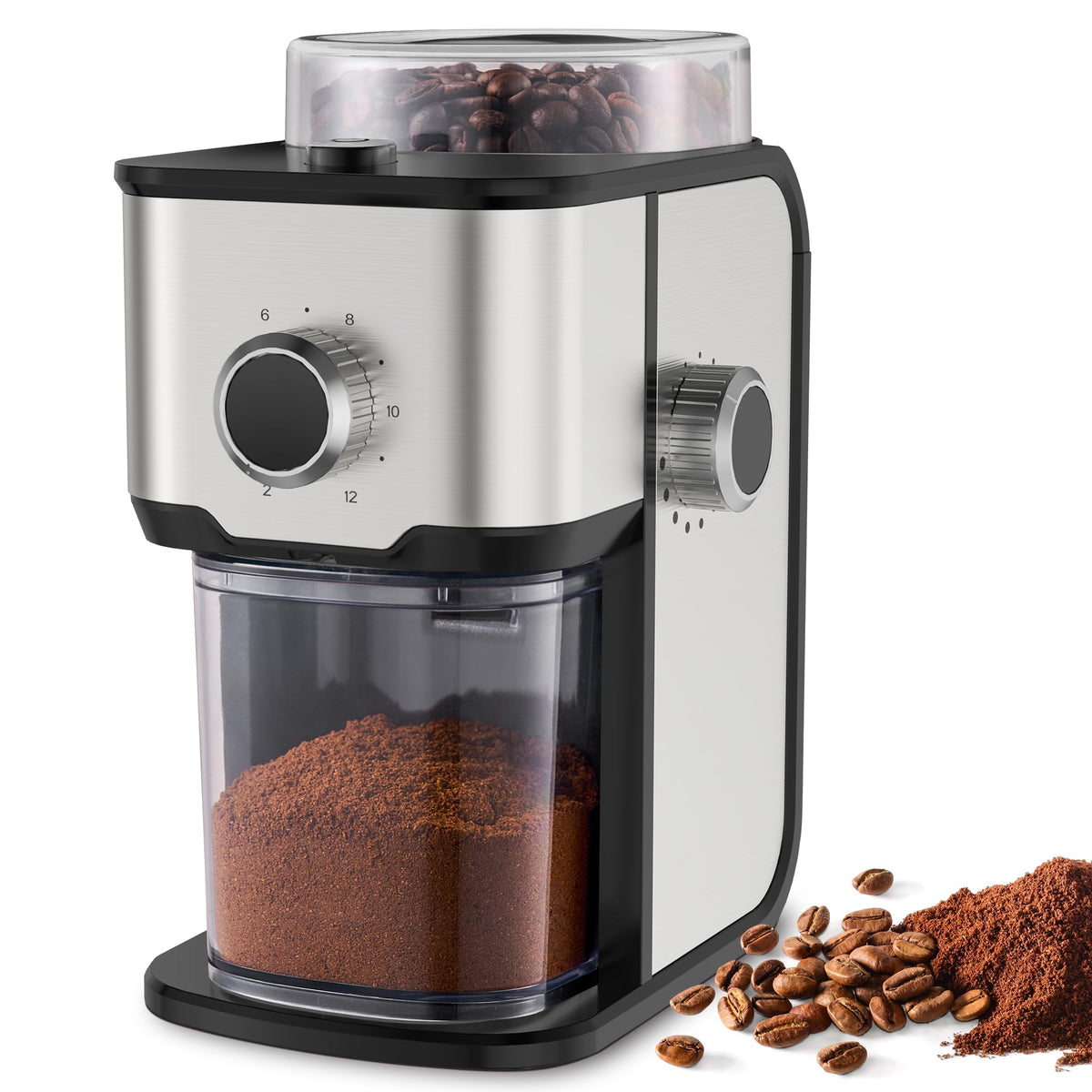 Ollygrin coffee grinder front view showing compact stainless steel design for kitchen use.