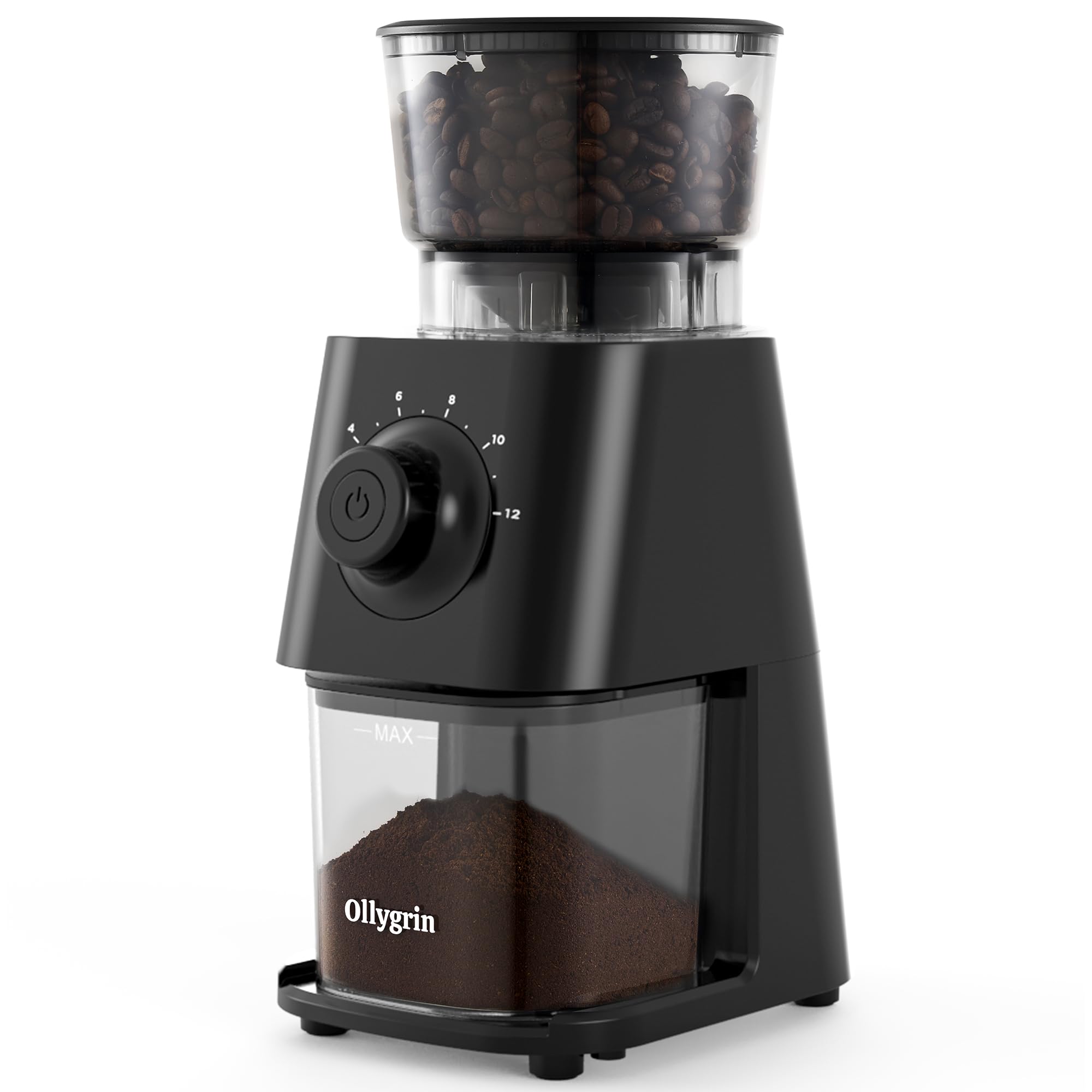 Ollygrin coffee grinder front view with compact kitchen-friendly design.