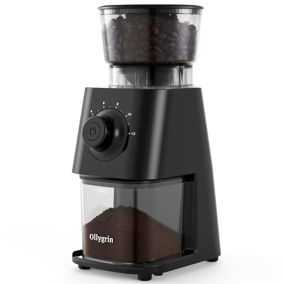 Ollygrin coffee grinder front view with compact kitchen-friendly design.