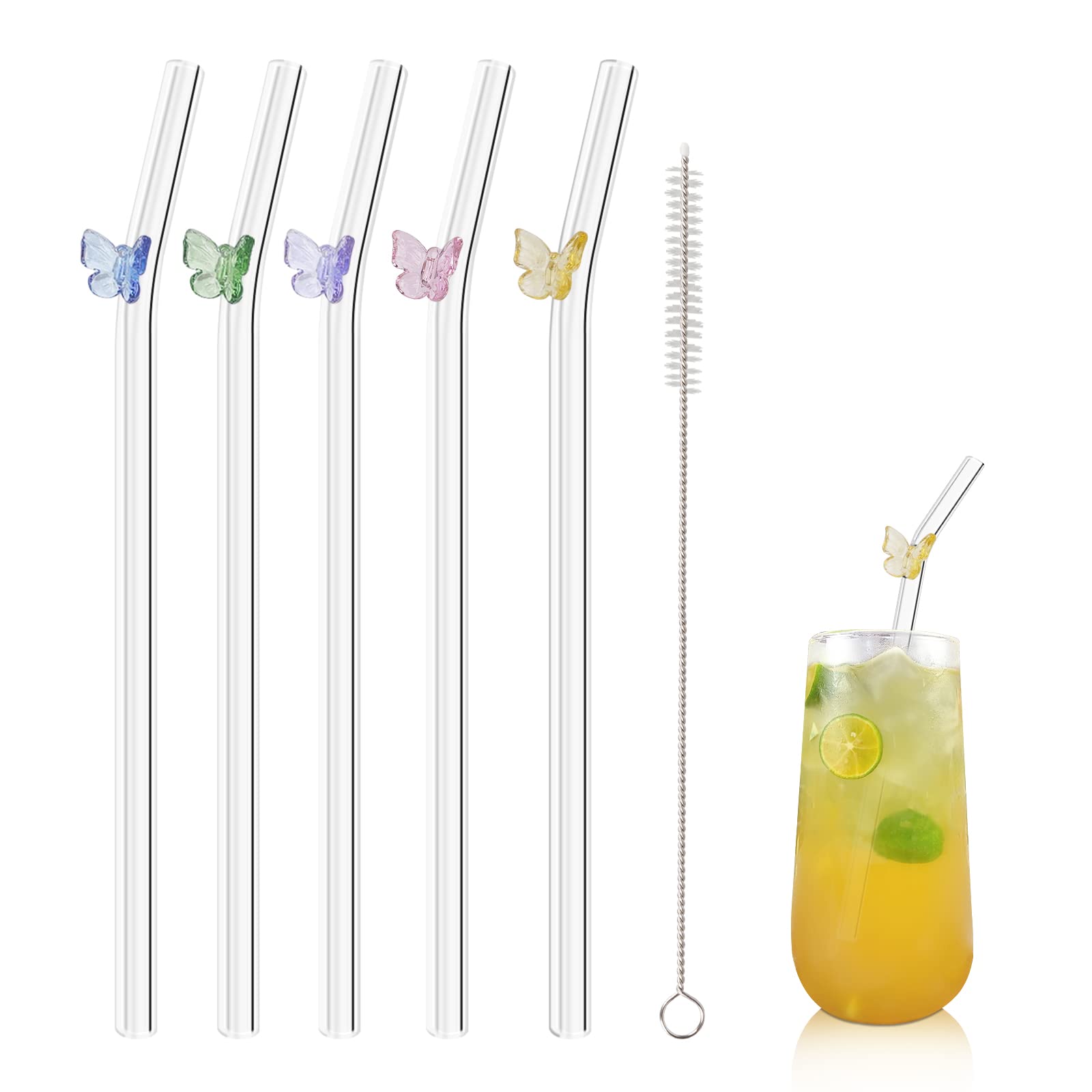 Olpchee butterfly curved straw in clear glass for smoothies and cold beverages.