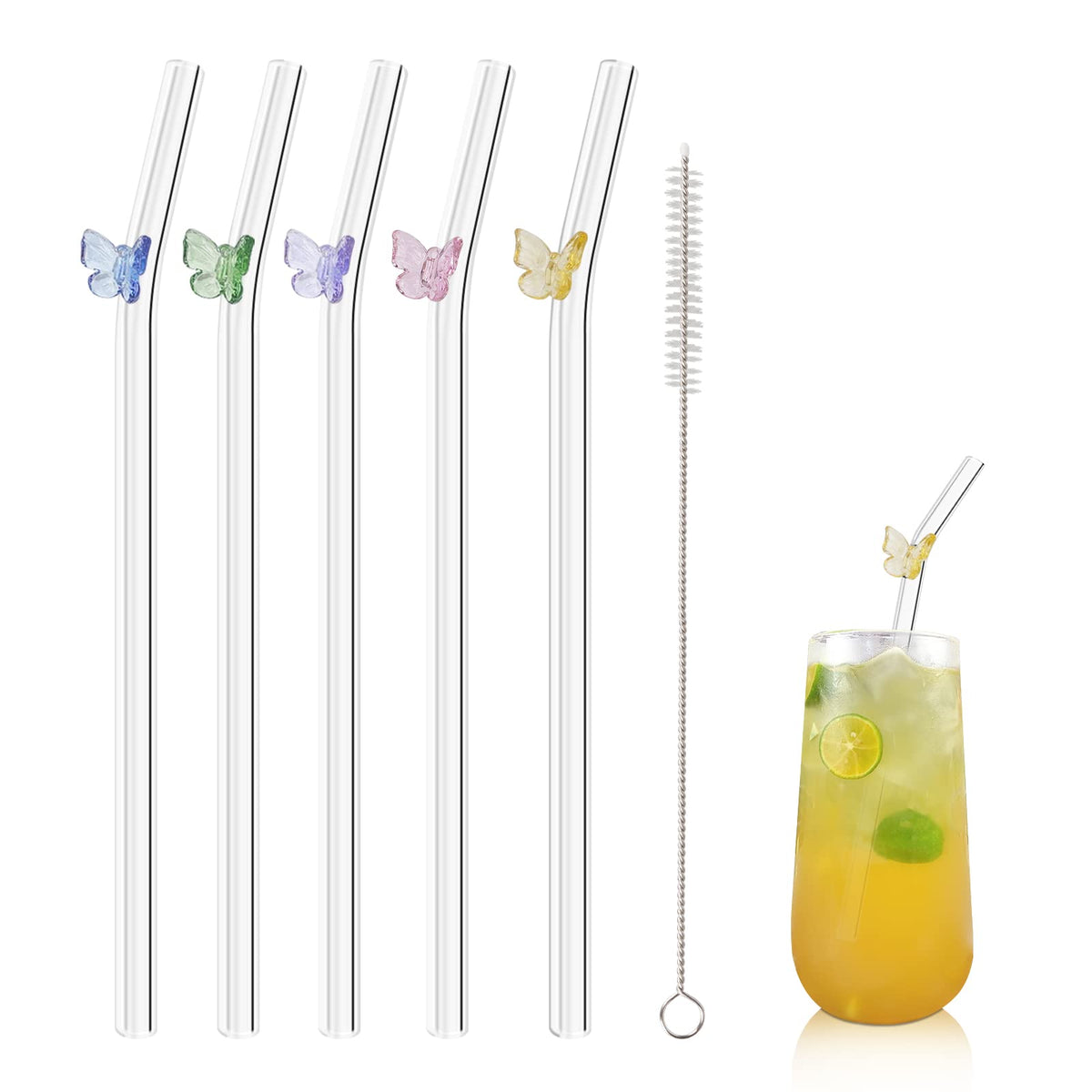 Olpchee butterfly curved straw in clear glass for smoothies and cold beverages.