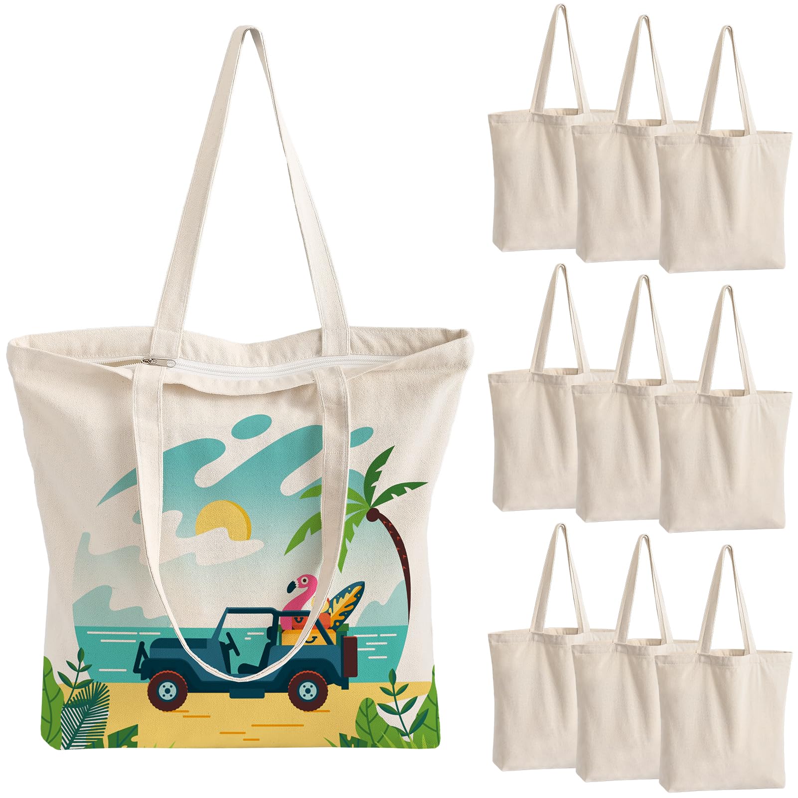 OLSUNOR 10-pack canvas tote bags with zipper for secure daily shopping.
