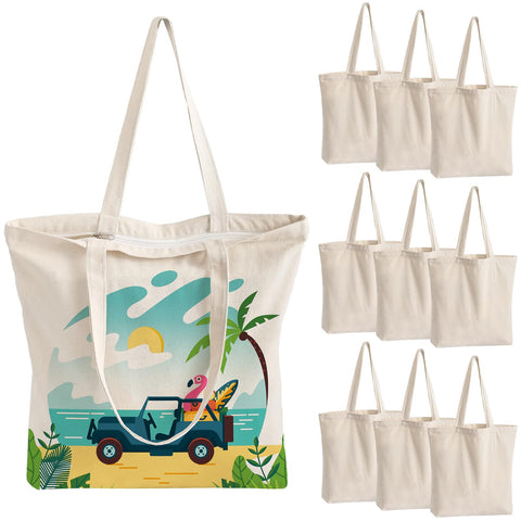 OLSUNOR 10-pack canvas tote bags with zipper for secure daily shopping.