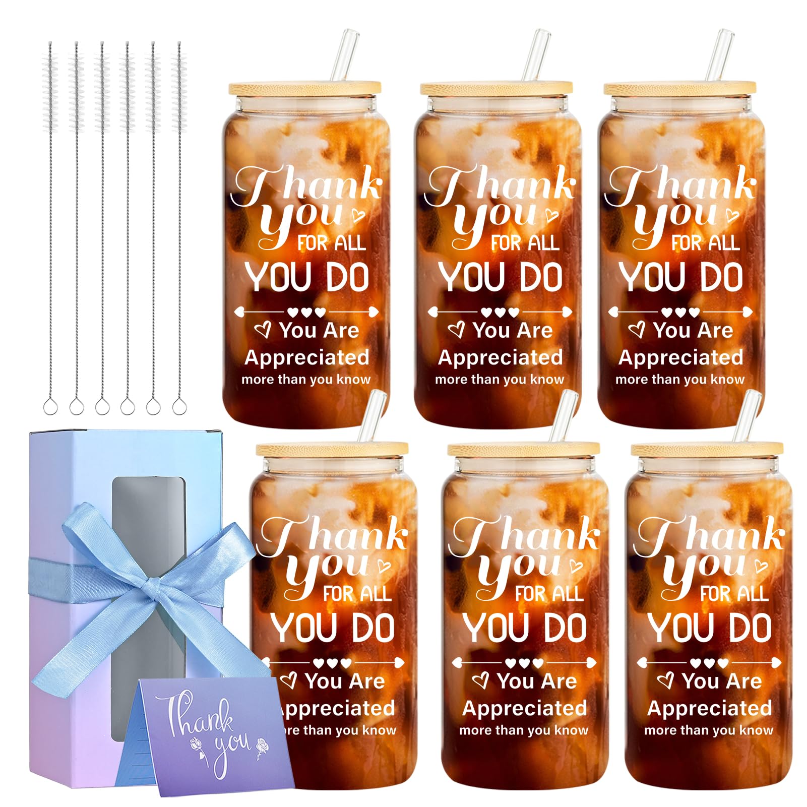 OLSUNOR six-pack gift-set glass cups with bamboo lids, ideal for employee appreciation.