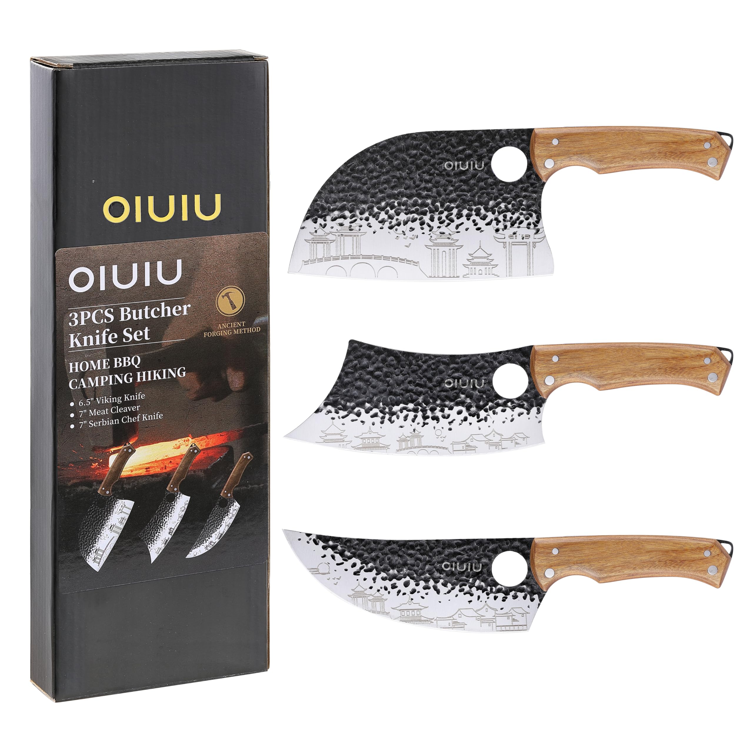 OLULU 3-piece butcher knife set blades close-up with sharp stainless steel for precise cuts.