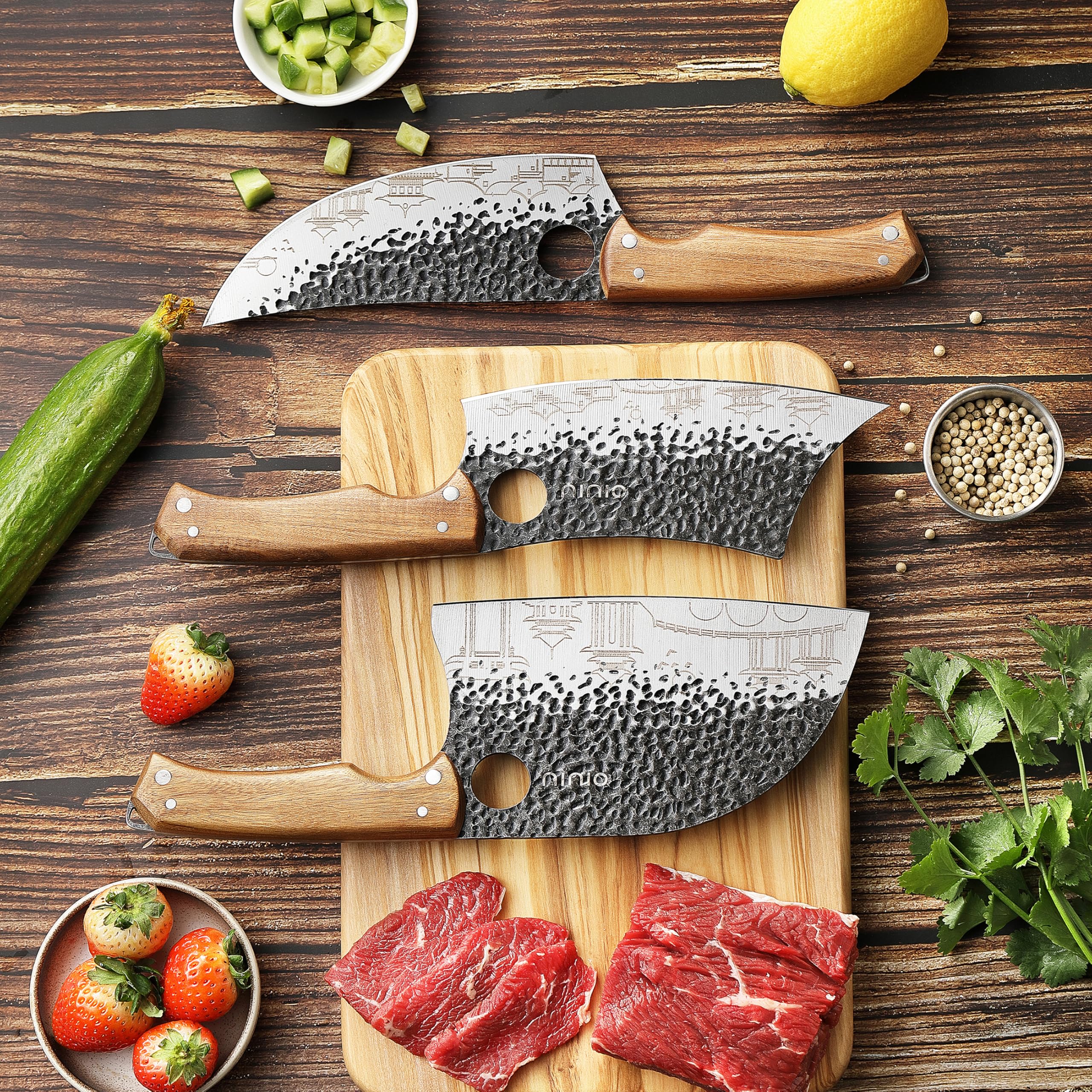 OLULU blades featuring ancient-pattern etching add visual appeal.