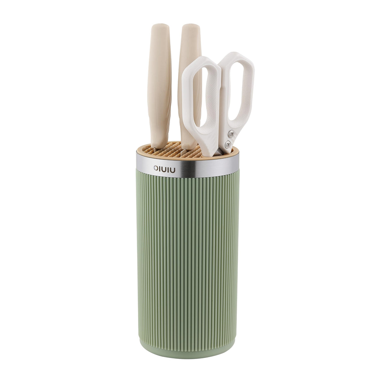 OLULU round knife block in green and yellow protecting blades safely