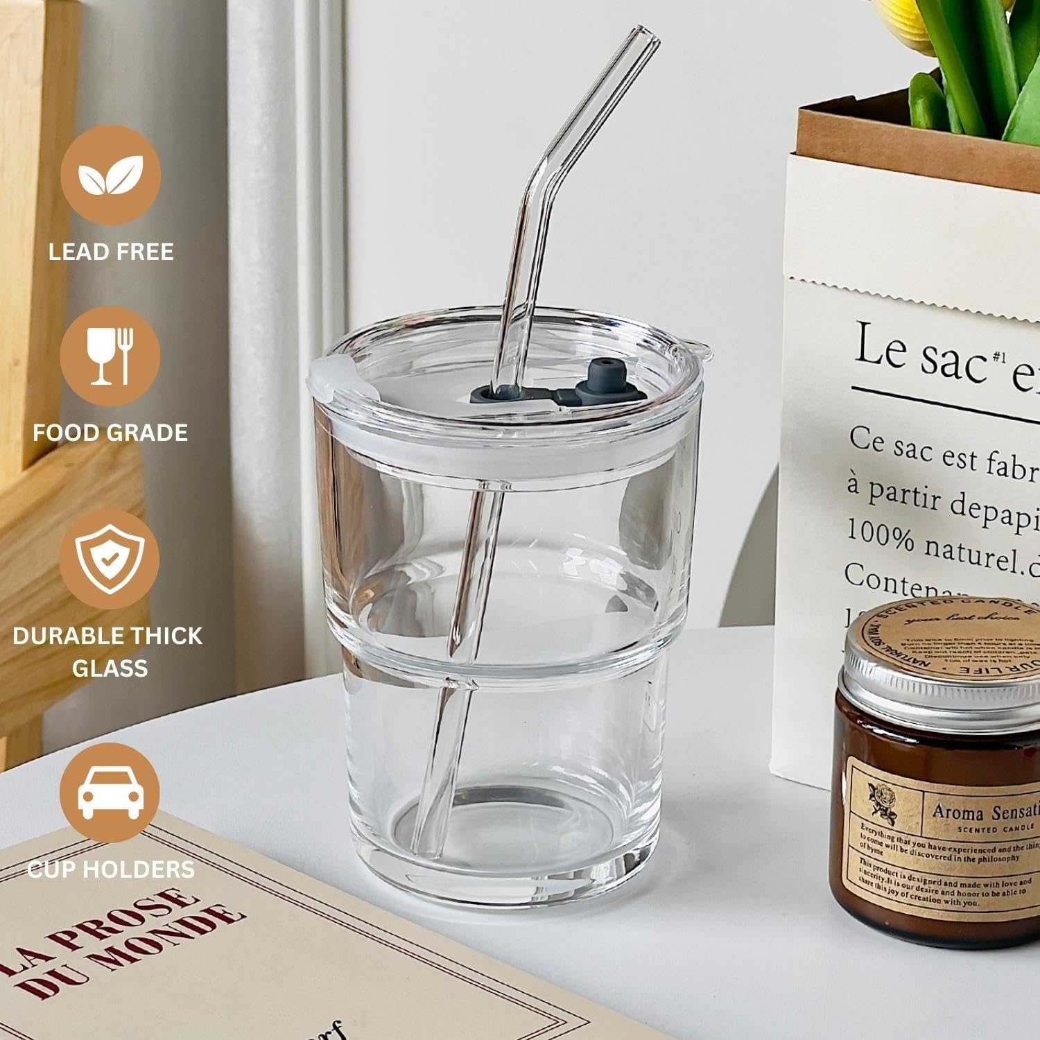 Olvini stackable glass tumbler with lid saves cabinet space