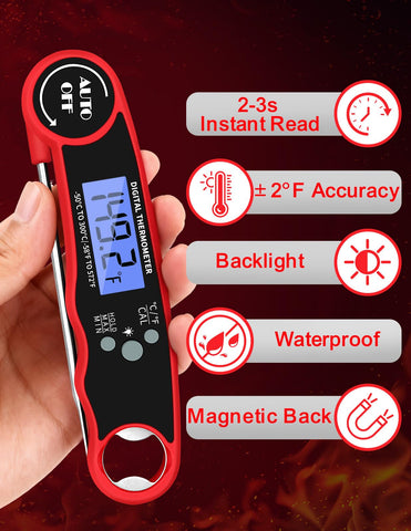 Olwaiy thermometer with backlit display reading temps in low light.