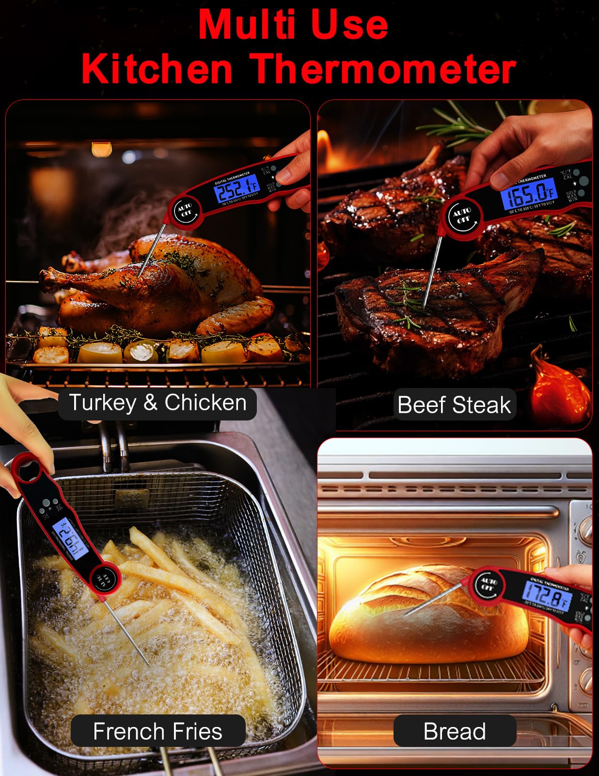 Olwaiy thermometer in a kitchen setup for grilling and roasting use.