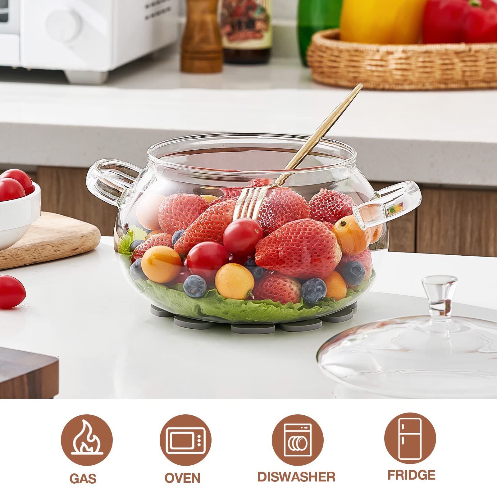 OLYTARU glass pot on a stovetop at low heat for gentle cooking