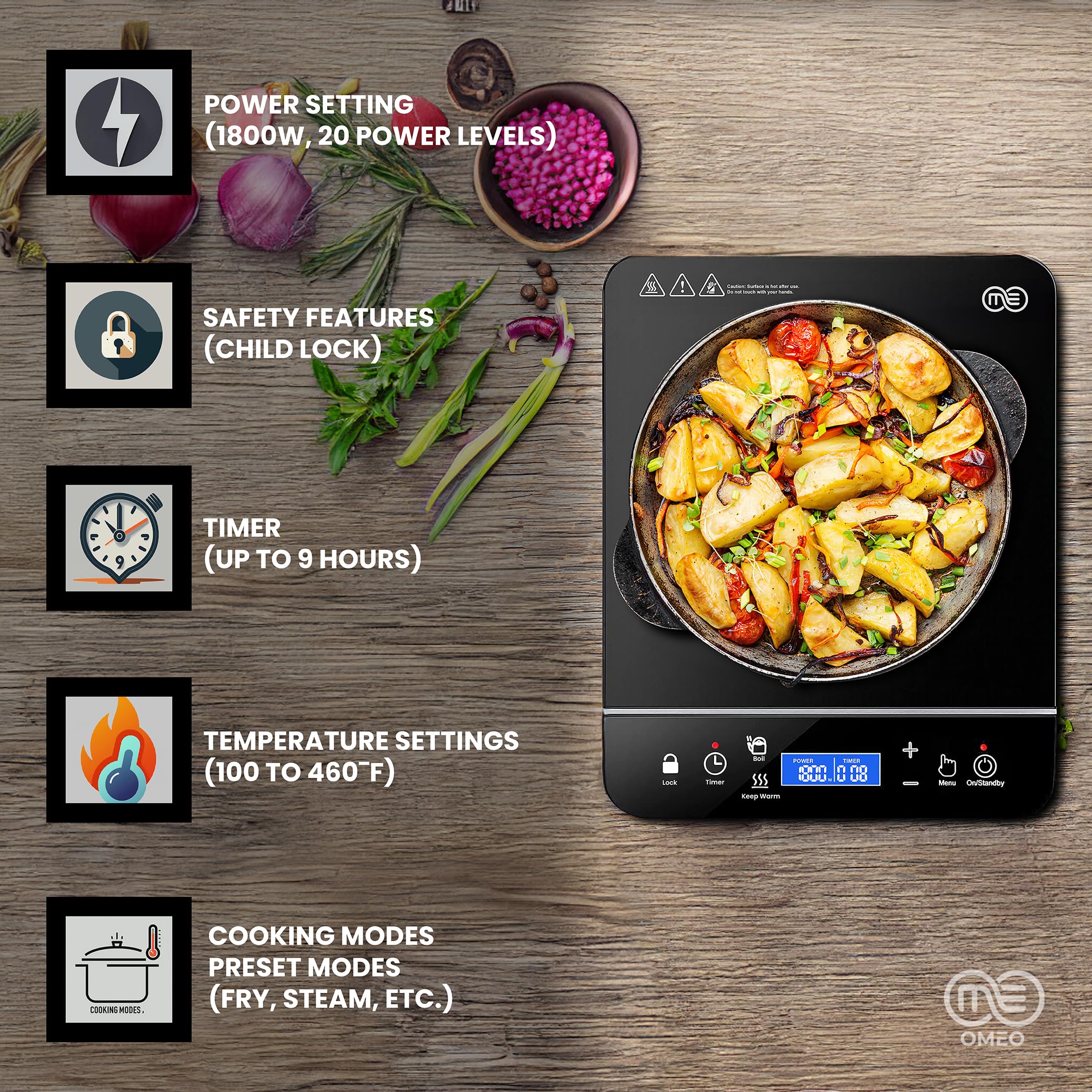 OMEO induction burner showing 10 temperature levels for versatile cooking options.